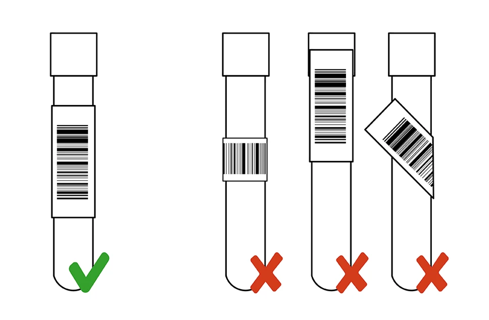 Illustrazione che mostra le corrette e scorrette modalità di etichettatura di una provetta per la raccolta e conservazione dei campioni da inviare a Eurofins Genoma. L'etichetta identificativa del paziente e dell'esame deve essere apposta verticalmente, come indicato nella prima provetta con il segno di spunta verde, evitando etichette posizionate orizzontalmente, piegate o parzialmente sovrapposte come mostrato nelle altre provette contrassegnate con una X rossa.